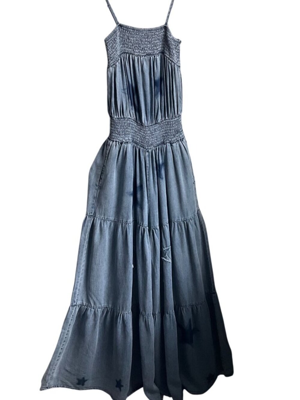 New Blue Velvet S/M Smocked Tiered Wide Leg Chambray Jumpsuit Adjustable - Picture 3 of 14